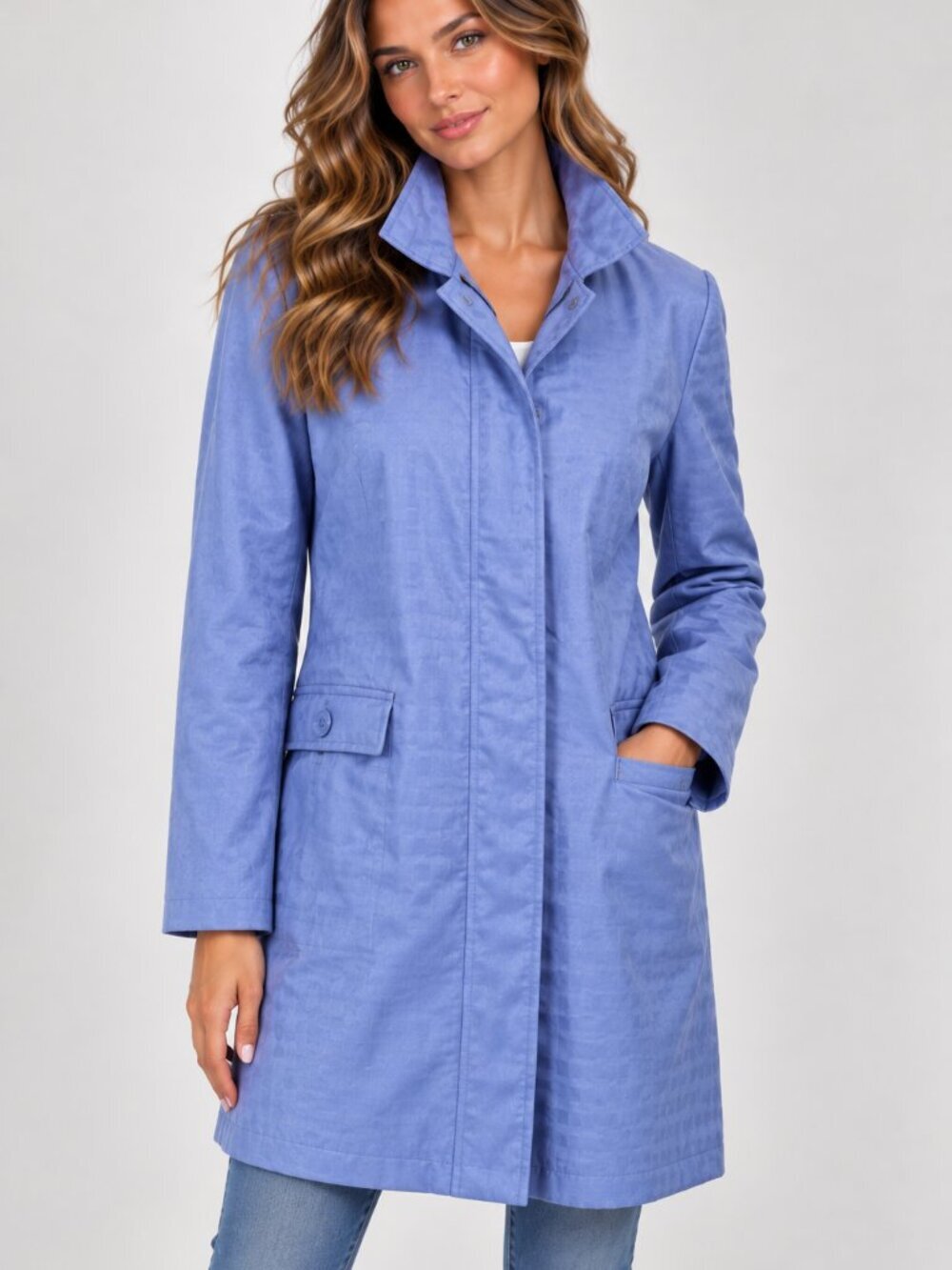 Denim & Co light blue polka dot trench coat women's size Large (54)